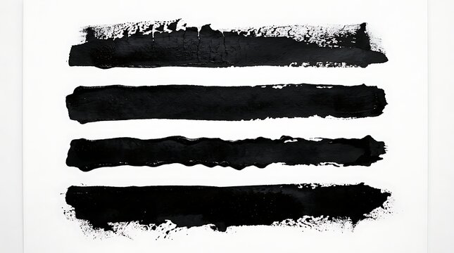 Four abstract black ink brush strokes with rough texture on white background for artistic design