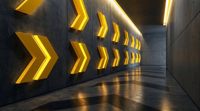 Illuminated yellow arrows on concrete wall for corporate pathfinding marketing