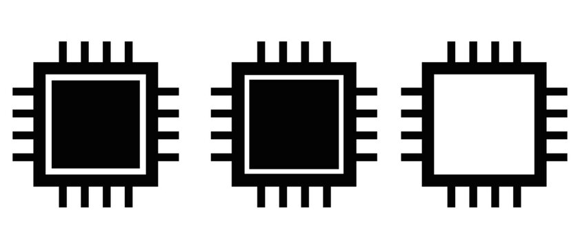 Electronic semiconductor processor icon and digital central processing unit template collection. Minimalist black vector symbols for motherboard hardware infrastructure