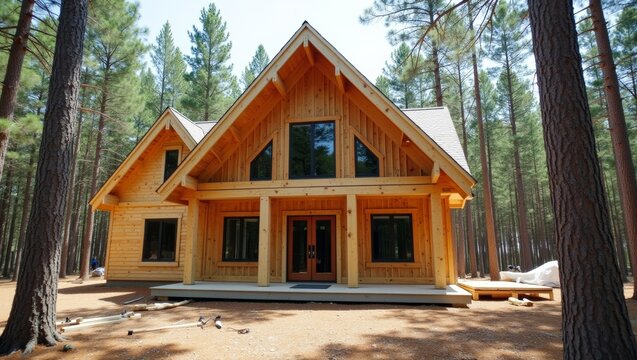 Modern wooden cabin house with large windows and a triangular roof surrounded by tall pine trees in a forest setting, showcasing natural materials and contemporary design
