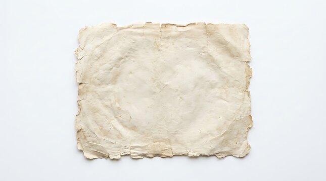 Vintage aged and crumpled parchment paper with torn edges on a clean background