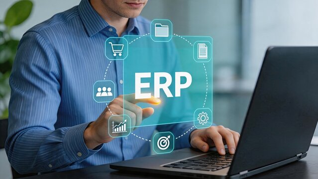 Businessman using ERP software interface on laptop, managing enterprise resources and data analysis for corporate workflow efficiency.