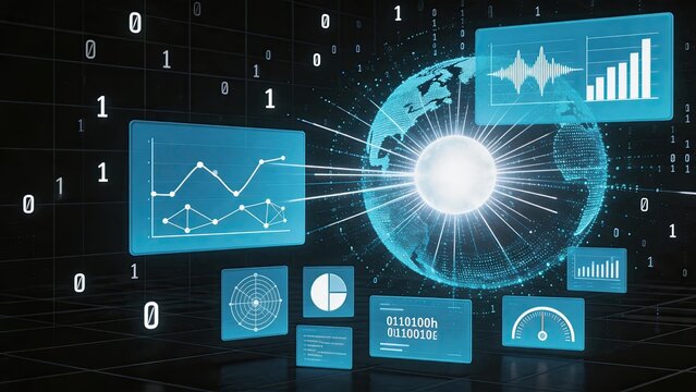 Global data analytics with binary code and digital earth, big data processing and information technology network visualization concept.