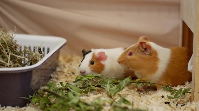 Cute pair of brown and white domestic guinea pigs eating fresh green leaves in their wooden cage