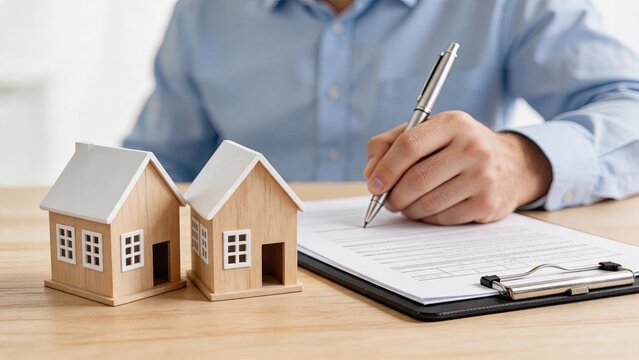 Close up of man signing real estate contract at desk with wooden house models, property purchase agreement, mortgage loan application, home buying process, investment and