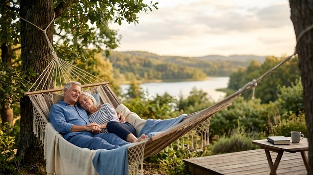 Happy senior couple resting in a hammock outdoors during summer sunset
