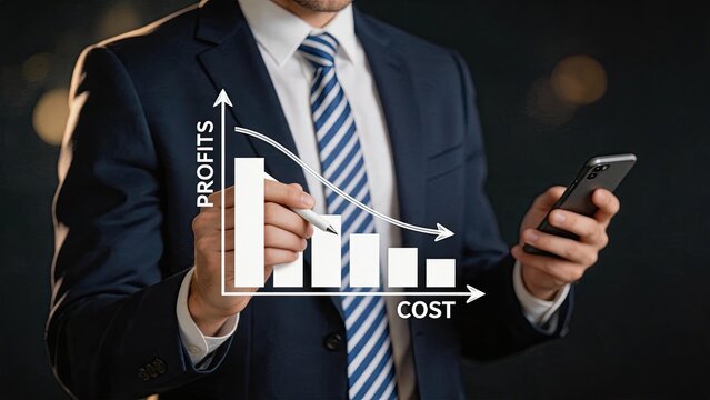 Businessman analyzing profit and cost chart on smartphone, financial growth graph illustration, corporate strategy planning, economic decline or increase trend analysis,