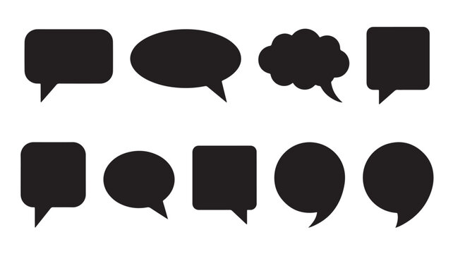 Speech bubble black silhouette set. Diverse chat message shapes on white background. Graphic design vector elements for comic, forum, or social media communication.