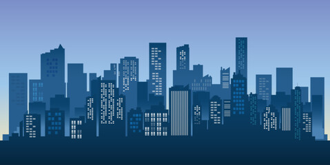 Fototapeta premium Modern Blue Skyline Cityscape Vector Illustration Featuring Tall Buildings and Urban Architecture Against Gradient Sky