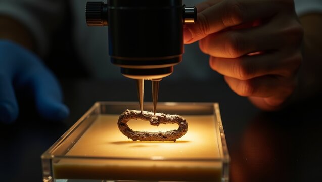 Close-up of a hand wearing blue gloves holding a microscope over a small object illuminated on a glass display case in a laboratory setting