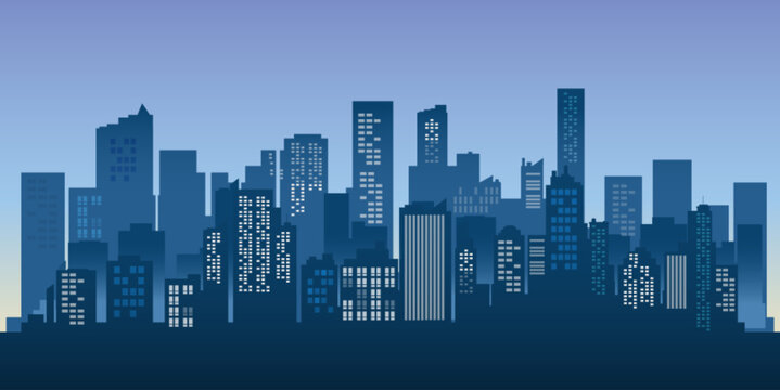 Modern Blue Skyline Cityscape Vector Illustration Featuring Tall Buildings and Urban Architecture Against Gradient Sky