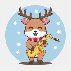Naklejka premium Cute Cartoon Reindeer Playing Saxophone