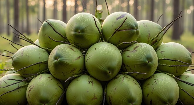 A large stack of fresh green coconuts harvested from a tropical plantation.