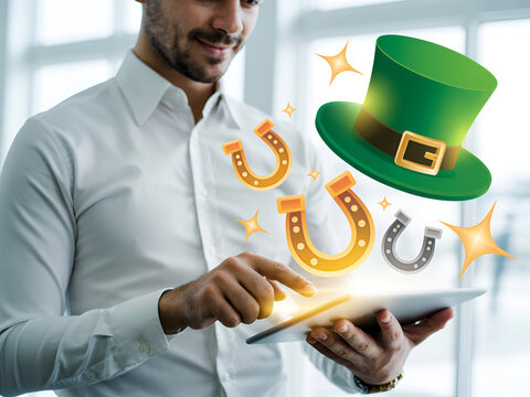 Man with tablet experiencing luck during St. Patrick's Day celebration concept with leprechaun hat and horseshoes