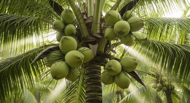 A cluster of fresh green coconuts hanging from a tropical palm tree.