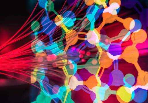 Colorful molecular structure and AI data for pharmaceutical research