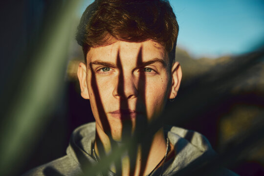 Shadow of leaves on man's face