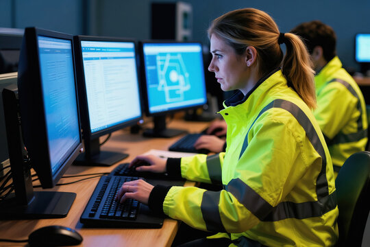 Woman in yellow jacket types on computer keyboard in control room. Another worker in safety jacket sits at screen nearby. They analyze data on monitors in factory office.