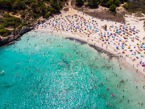 spain, Balearic Islands, Mallorca, Aerial view of Cala Mondrago and Playa Mondrago, Mandrago Nature Park