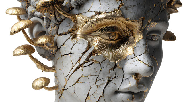 Commercial product photography of surreal cracked bust with mushrooms, half gold and half gray with third eye, conceptual art, sharp focus, studio lighting, hyper- s, clean white background