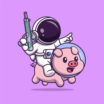 Cute Astronaut Riding Pig With Space Gun Cartoon 