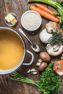 Ingredients for Bulgarian soup with rice, mushrooms and carrots