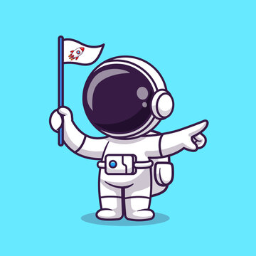 Cute Astronaut Pointing and Holding Rocket Flag Cartoon 
