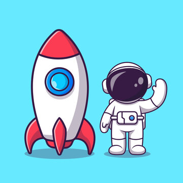 Cute Astronaut Standing With Rocket Cartoon