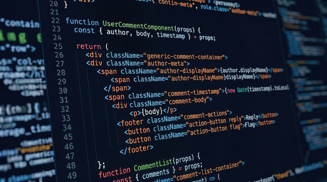 React code component on screen, software development programming, web application coding, javascript syntax highlighting, user interface design, frontend engineering
