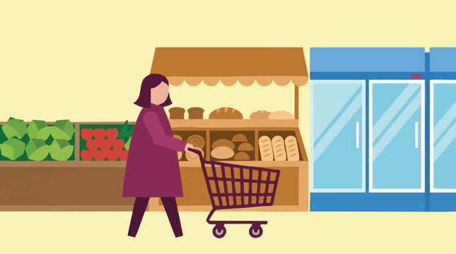 Woman Pushing Shopping Cart in Supermarket with Produce and Bakery