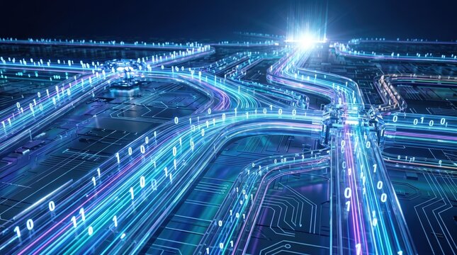 Abstract digital data highway with glowing binary code streams flowing through circuit board city, representing high speed internet connection and information transfer.