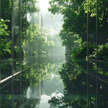 A serene glass-enclosed walkway through a lush forest