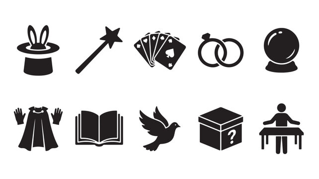 silhouette magic icons set with hat, wand, crystal ball, cards, rings, book, cloak, dove and mystery box