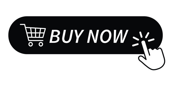 Buy now button with shopping cart and mouse cursor in black color, click here element for online shopping, marketing, website, promotion.