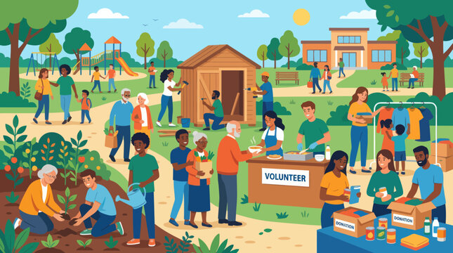 Diverse community members engage in various outdoor volunteer activities together