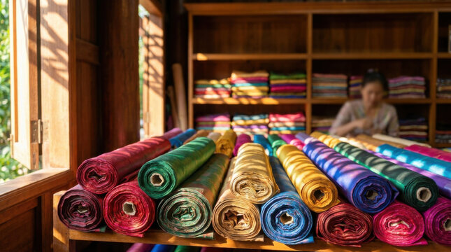 Traditional thai textile rolls in colorful shop with wooden shelf and soft natural light