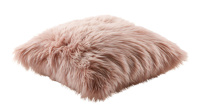 Commercial studio photography of Isolated blush faux fur square pillow, soft and cozy home accent for bedding or sofa d&Atilde;&copy;cor, sharp focus clean white background