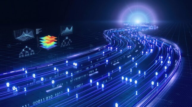 Futuristic digital data highway with glowing binary code streams, artificial intelligence network, big data flow, and cyber technology background concept
