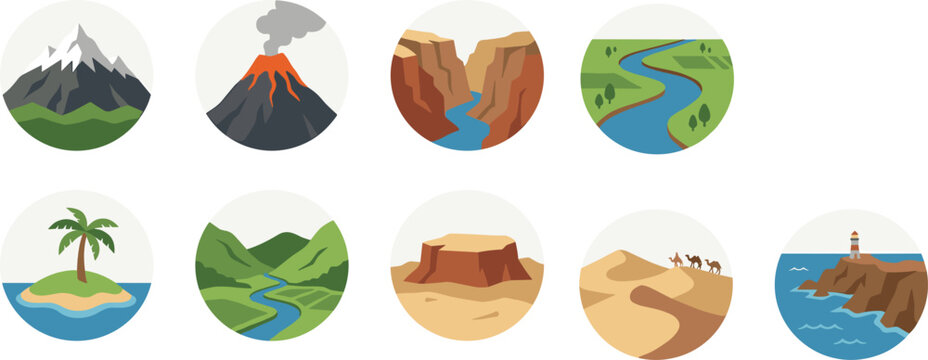 Flat Round Earth Landforms and Nature Landscapes Icon Set with Mountain Volcano Desert and Canyon Symbols for Geography Education and Travel Designs