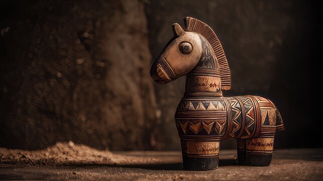Greek myth a detailed, weathered wooden Trojan Horse sculpture, planks, a rope harness, and functioning wheels on a platform.