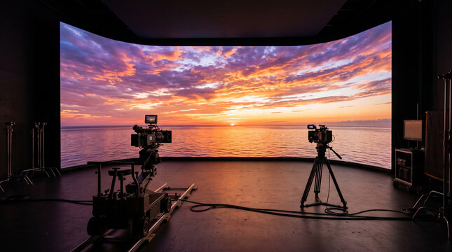 Professional film studio with virtual sunset background on LED wall