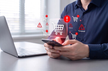 online shopping security warning and ecommerce fraud risk concept with digital alert icons on...