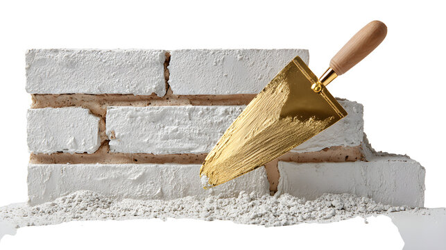 Commercial studio photography of Isolated brick wall and golden trowel tool adding mortar, renovation and building project, sharp focus clean white background