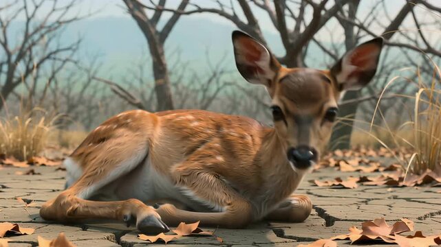 Frail 3D animated juvenile deer standing in a desiccated woodland clearing showing habitat loss, rendered for ecological crisis presentations
