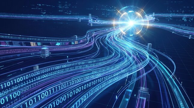 Abstract futuristic digital highway with binary code streams flowing towards glowing sphere representing high speed internet data transfer