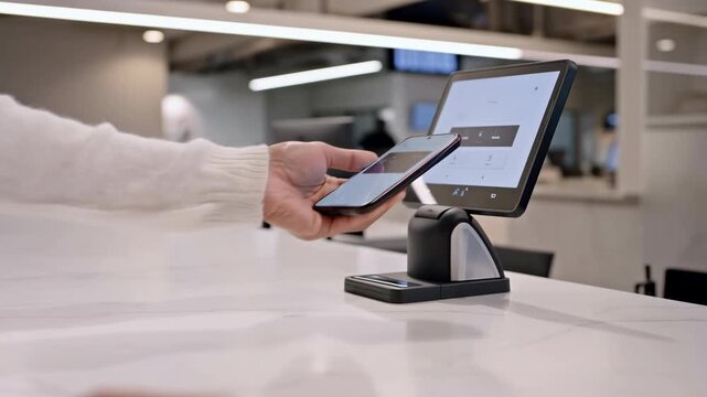 Customer using smartphone at a modern service counter with terminal in the background