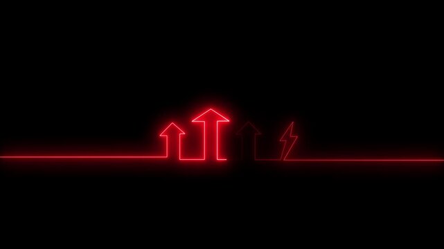Red neon glowing arrows and lightning bolt line animation on black background