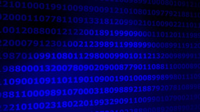 Digital data stream background, with scrolling blue, binary code numbers, for tech concepts