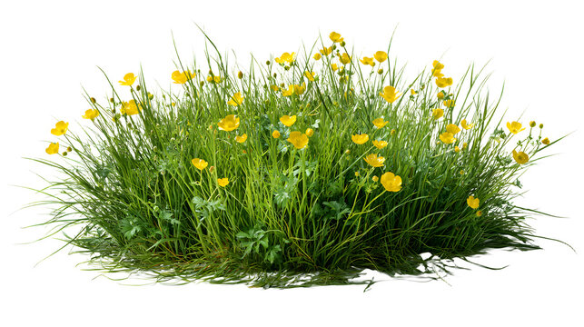 Commercial studio photography of Isolated clump of green grass with yellow buttercup flowers growing outdoors in the garden, sharp focus clean white background
