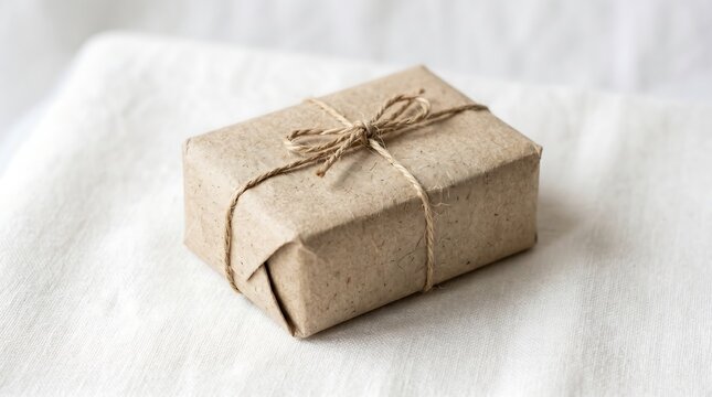 Brown paper package tied with string on white fabric minimalist gift wrapping concept